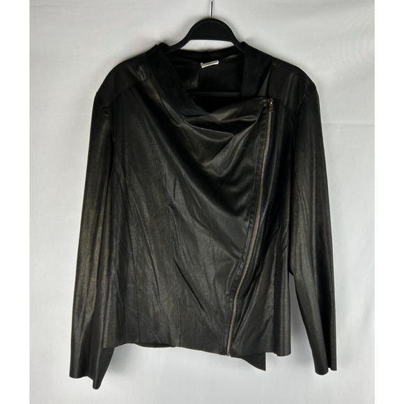 Anthro Mote Faux Leather Jacket Size Large Black Gold Asymmetric Zip Lightweight - Picture 6 of 6